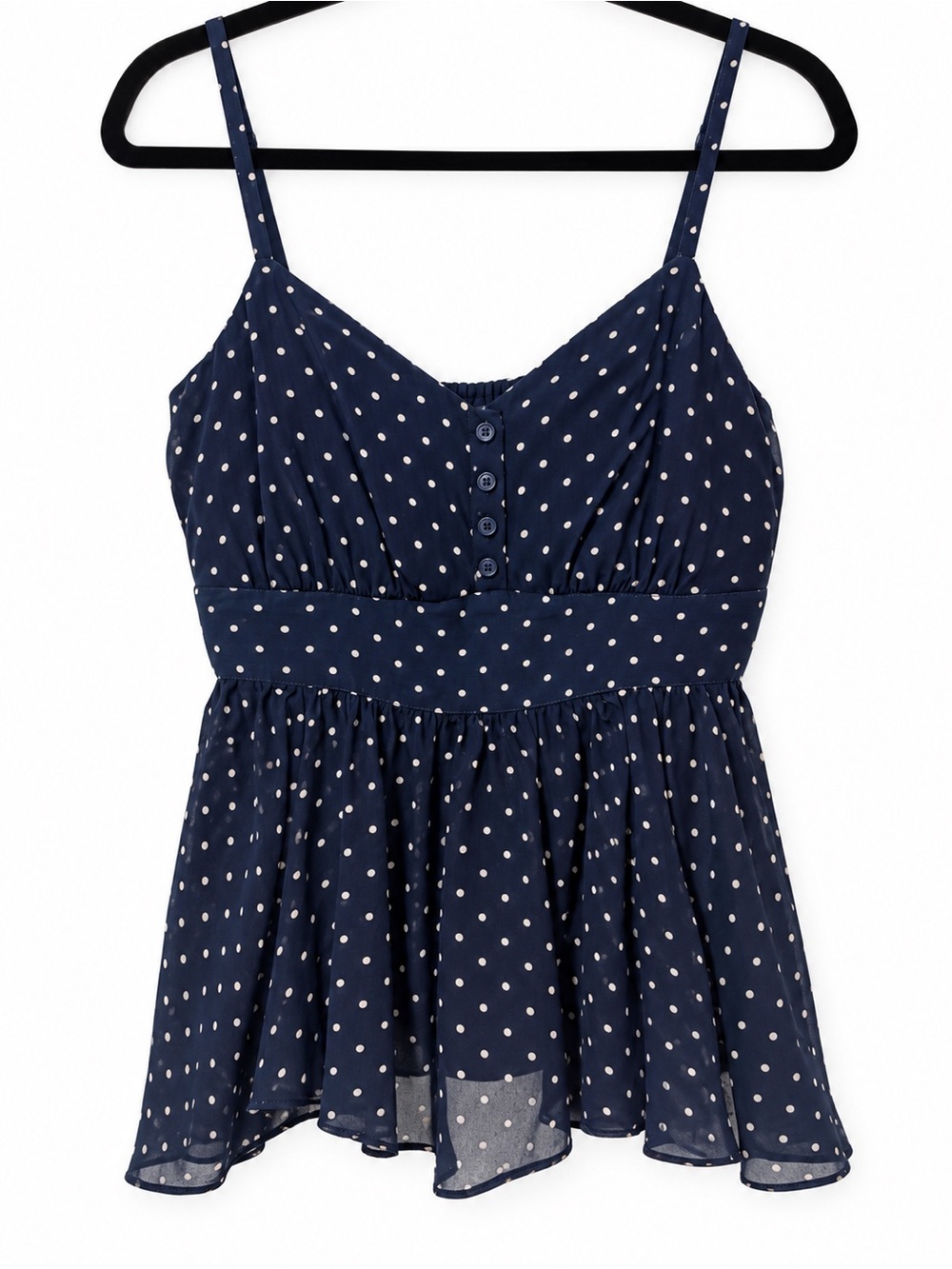 Hollister Navy and White Polka Dot Spaghetti Strap Peplum Camisole